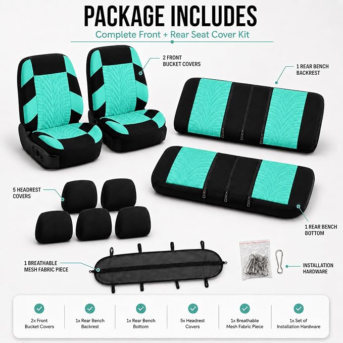 FH Group Full Set Premium Cloth Car Seat Covers - Universal Fit, Low Back Front Seat Covers, Airbag Compatible, Split Bench Rear Seat, Washable Seat Cover for SUV, Sedan, Mint - Image 7