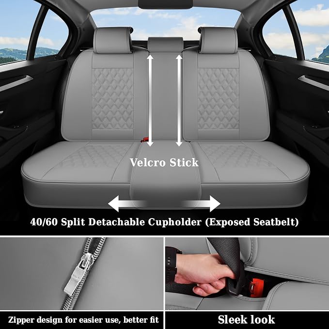 Coverado Full Set Car Seat Covers, Luxury Faux Leather Waterproof Seat Covers, Gray Car Seat Protectors, Universal Fit, Leather Seat Cushions for Cars-Gray - Image 3