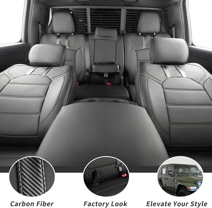 Custom Seat Covers for 2019-2026 Ram 2500/3500 CrewCab Bighorn,Faux Leather | Full Set Heavy Duty Pickup Seat Cushion,Front w/No Headrest Cutout,Rear 40/60 Split Curved Bench Seat,Black & Carbon Fiber - Image 8