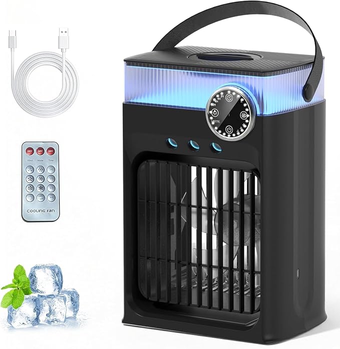 Portable Air Conditioner, Mini AC Unit for Bedroom | 1200ML Small Cooling Fan with Remote, 3 Mist 3 Speed 2-8H Timer Personal Air Cooler for Room Camping Office Car,Black by CleartheWay