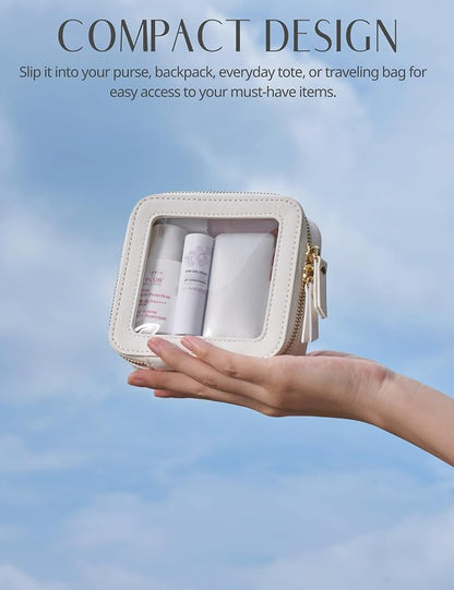 Small Clear Makeup Bag for Purse, Travel Cosmetic Case, White, Mini | Waterproof PU Leather, Transparent Square Make Up Pouch with Zipper, Tiny Toiletry Organizer Bag for Women Car Essentials Bag - Image 5