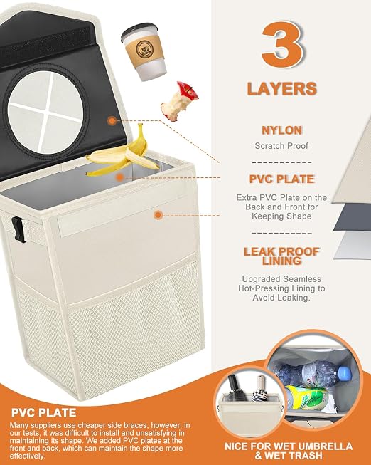 Pritent Car Trash Can with Lid Leakproof Car Garbage Bag Vehicle Trash Bin | Hanging Automotive Garbage Can,Multipurpose Car Accessories for Women Men Interior Car Storage Organizer(2 Gal,Ivory) - Image 3