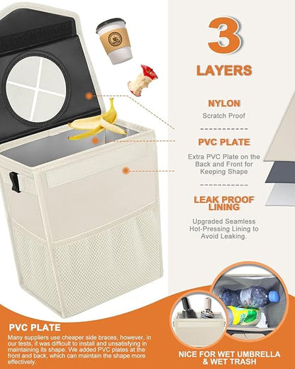 Pritent Car Trash Can with Lid Leakproof Car Garbage Bag Vehicle Trash Bin | Hanging Automotive Garbage Can,Multipurpose Car Accessories for Women Men Interior Car Storage Organizer(2 Gal,Ivory) - Image 3