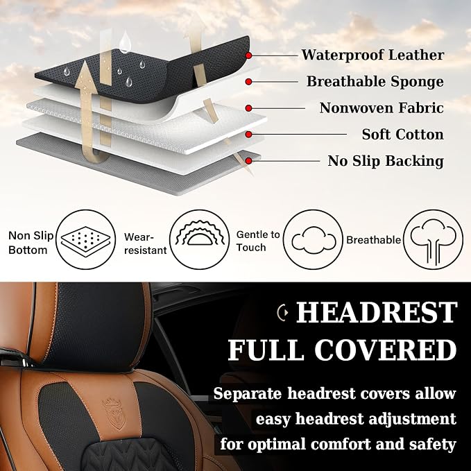 Coverado Seat Covers Full Set, 5 Seats Car Seat Cover, Front and Back Seat Covers for Cars, Breathable Faux Leather Car Seat Cushion, Car Seat Protector Universal Fit for Most Cars Vans, Brown - Image 8