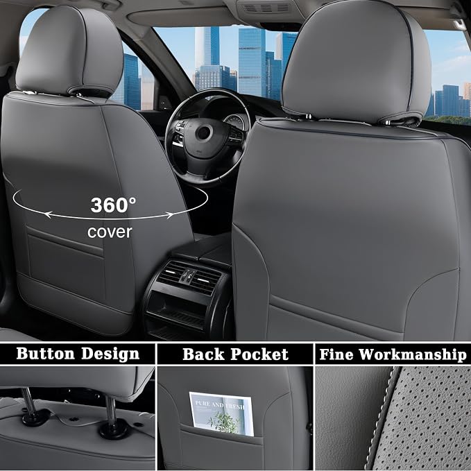 Coverado Car Seat Cover Full Set, Front and Back Seat Covers for Cars, 5 Seats Luxury Leather Seat Covers, Waterproof Car Seat Protectors, Gray Seat Covers, Driver Seat Cushions Fit for Most Vehicles - Image 3