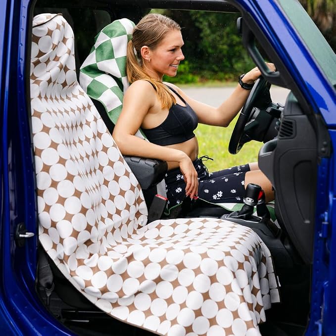 Sprints Athletic Running Towel, Full-Sized, Car Seat Cover - Performance Microfiber (Kaleidoscope Cream w/Snaps) - Image 2