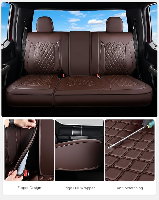 Huidasource F150 Coffee Rear Seat Covers, Leather Rear Bench Car Seat Cushion Cover Fit for 2015-2026 Ford F150 SuperCrew & 2017-2026 F250 F350 F450 Super Duty Crew Cab Pickup Truck - Image 6