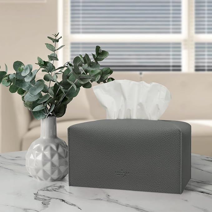 Carrotez Tissue Box Cover, [Refined] Modern PU Leather Rectangular Tissue Box Holder - Decorative Holder/Organizer for Bathroom Vanity Countertop, Night Stands, Office Desk 9.5"X5"X5" - Charcoal - Image 8
