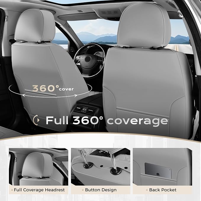 Coverado Full Set Car Seat Covers, Luxury Faux Leather Waterproof Seat Covers, Gray Car Seat Protectors, Universal Fit, Leather Seat Cushions for Cars-Gray - Image 4