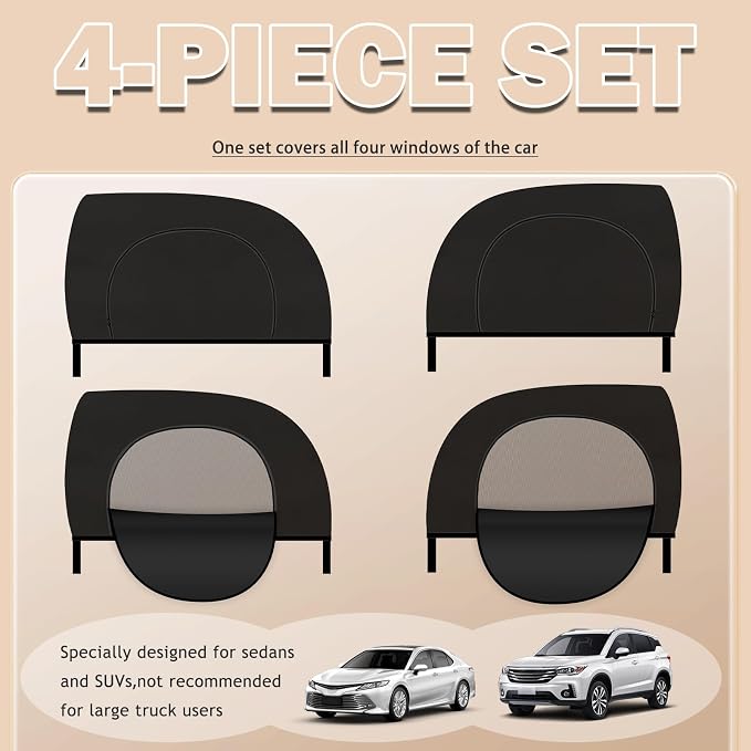 4PCS Zipper Car Window Shades for Side Window,Blackout & Mesh Car Windows Screens for Camping & Privacy,Breathable Front/Rear Cars Windows Covers with Nylon Stickers - Image 7