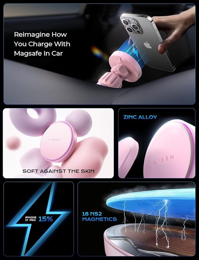 LISEN 15W MagSafe Car Mount Charger,[Light Pink] Magnetic Wireless Car Charger, Dashboard & Air Vent Car Phone Mounts, Car Phone Holder for iPhone 17-12, Samsung, Pixel, Cute Car Accessories for Women | [Light Pink & Purple LED light] Magsafe Car Mount... - Image 6