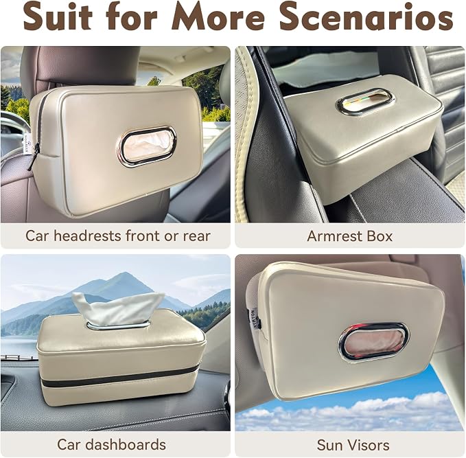 Noaman 2Pack Car Tissue Holder Leather, Car Kleenex or Napkin Holder Beige | Large tissue holders for car fit 120 Kleenex boxes. Rectangular backseat napkin holder Essential car organization accessories - Image 6