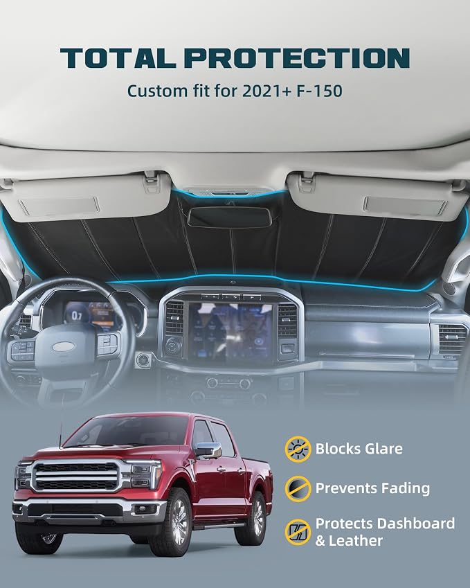 Trumgeta Upgraded Windshield Sun Shade Fit for Ford F-150 2021–2026, Complete UV Blocking Foldable Sunshade, Long-Lasting Interior Protector - Image 2