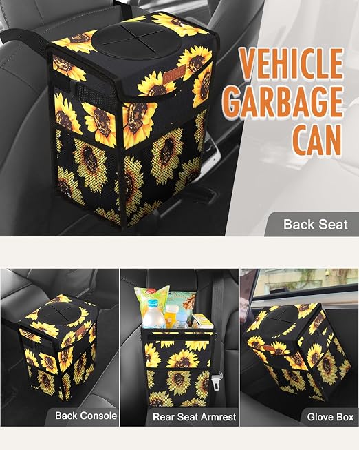 Pritent Car Trash Can with Lid Leakproof Car Garbage Bag Vehicle Trash Bin | Hanging Automotive Garbage Can,Multipurpose Car Accessories for Women Interior Car Storage Organizer(2 Gal,Black Sunflower) - Image 6