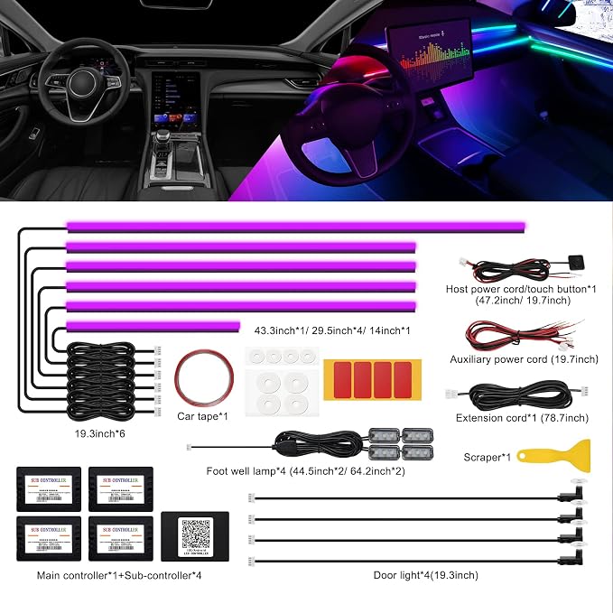 Acrylic Interior Car LED Strip Light with Wireless APP, RGB 14 in 1 with 175 inches 593 LEDs Fiber Optic Ambient Lighting Kits, 16 Million Colors Sound Active Function Car Neon Lights - Image 4