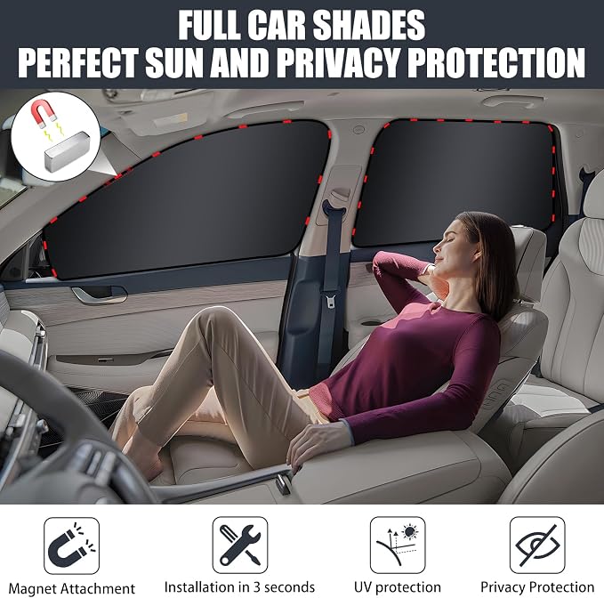 ZATOOTO Magnetic Side Window Sun Shade, Car Window Covers, Heat Reflective | 4 Pack Car Curtains for Privacy, UV Block, Keeps Cooler, Metal Frame Fit, Taking a Nap, Changing Clothes, Camping - Image 3