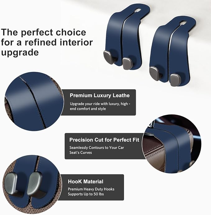 CoBak Purse Hook for Car - Universal Premium Stitched Leather and Aluminum-Magnesium Alloy Double Car Seat Back Storage Hook for Purses, Handbags, Bags (2 Pack),Indigo Blue - Image 2