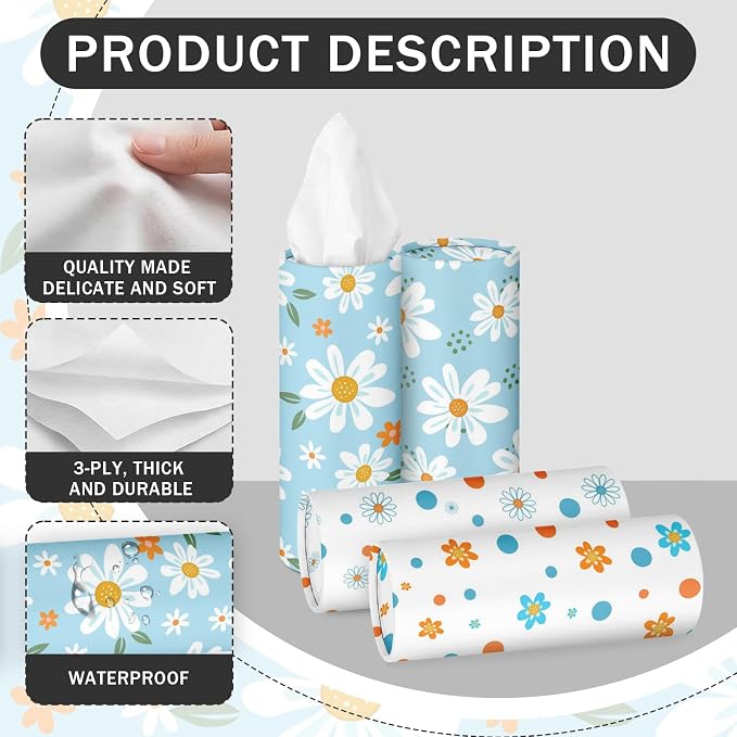 Arttown Car Tissue Holder for Cup Holder Facial Tissues 12 Pack Daisy | Flower Bulk 3-Ply,Refillable Marble Print Cylinder Tissue Boxes,Fit Car Home Office School (600 Sheets Total,50 Sheets Each) - Image 3