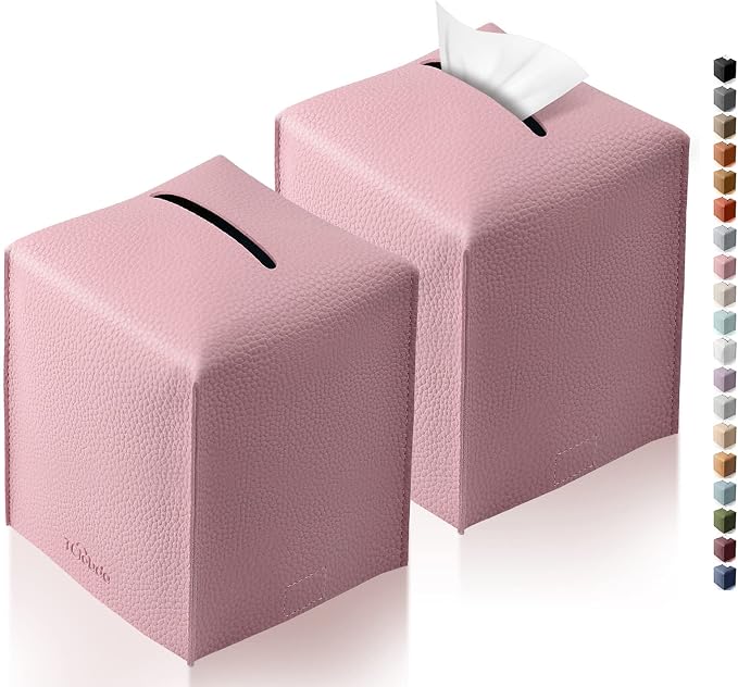 Tissue Box Cover for PU Leather, Modern Simple Solid Color Holder Square Tissue Bag, Ideal for Bathrooms,Office,Car,Nightstand,Outdoor Tent,Dining Table,5"X5"X5", Double Pink by Tclouda