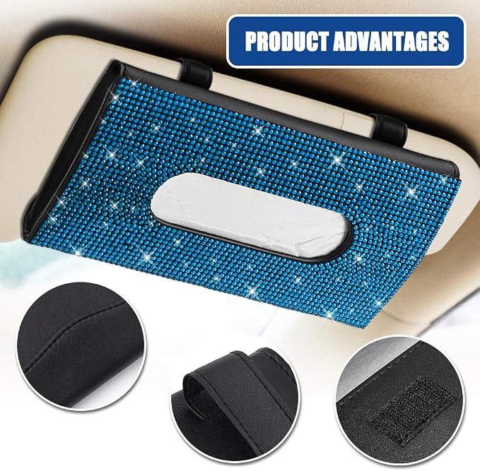 Bling Car Sun Visor Tissue Box Holder, Visor Accessories, Rhinestone PU Leather Crystal Sparkling Napkin Holder, Auto Sun Visor Paper Towel Cover Case Accessories for Most Cars (Blue) - Image 3