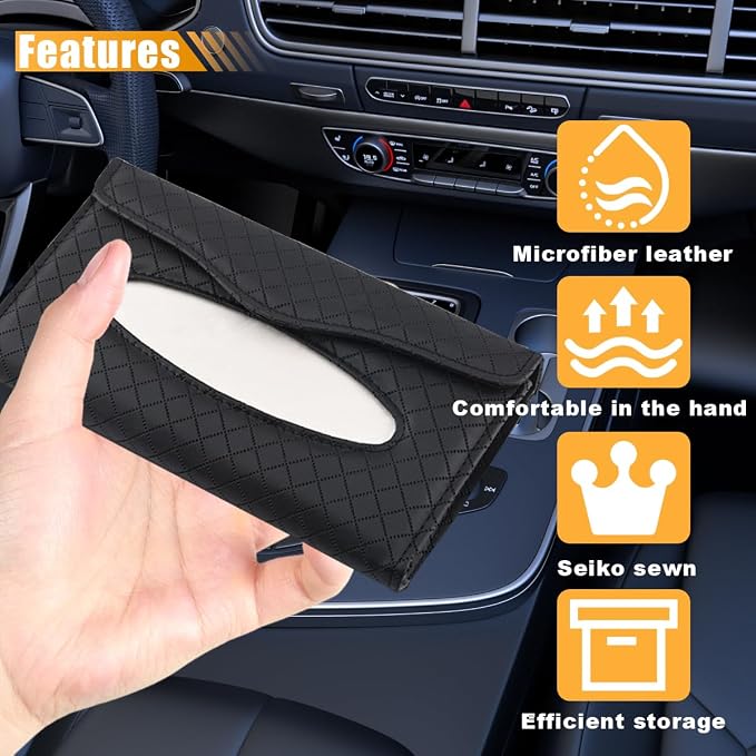 Car Tissue Holder, PU Leather Auto Napkin Holder for Visor & Backseat, Automotive Mask Organizer Case to Keep Vehicle Tidy, Universal Interior Accessories for Sedan Truck SUV (Black) - Image 4