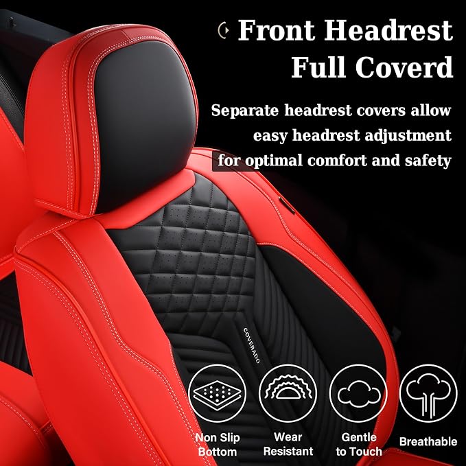 Coverado Front Seat Covers, 2 Pack Waterproof Seat Covers for Cars, Luxury Leather Seat Cushions, Front and Rear Seat Protectors, Auto Seat Covers Fit for Most Vehicles(Black&Red) - Image 6