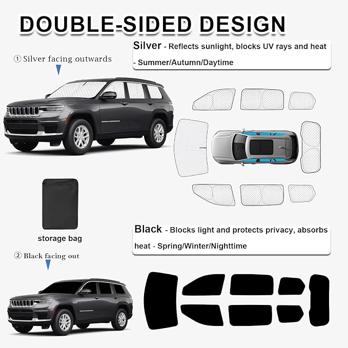KMF 8pcs Thicken Sun Shades for Jeep Grand Cherokee L(Three-Row) 2021-2026 Accessories (NOT for Grand Cherokee&Cherokee),Full Car Window Covers for Windshield Side Rear, UV Block and Blackout Camping - Image 4