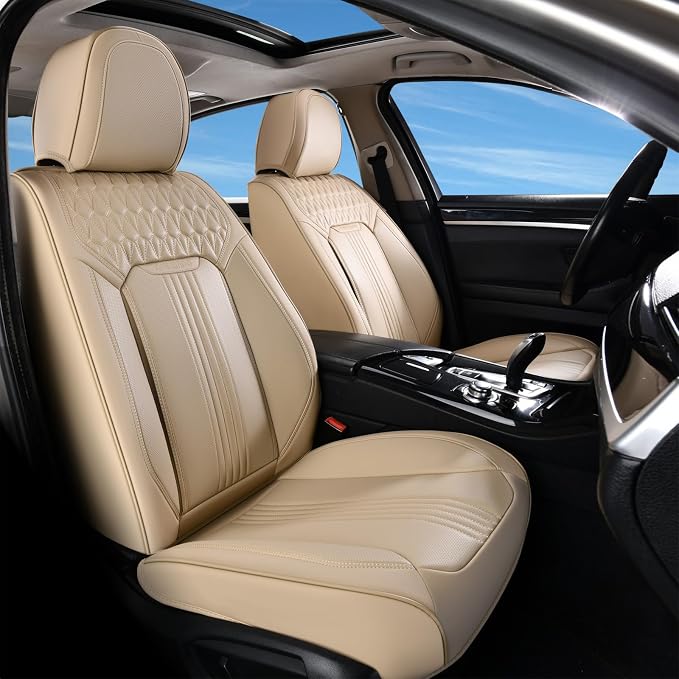 Coverado Front Seat Covers, Leather Car Seat Cover, Waterproof Car Seat Protector, Driver Seat Covers Car Seat Cushion Universal Fit for Most Cars, Beige by COVERADOAUTO
