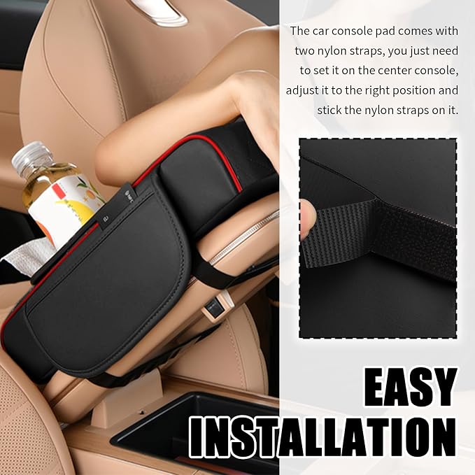 5-in-1 Car Center Console Cover,Leather Car Armrest Cover with Cars Tissue Holders/Cup Holder/Phone Holder/Storage Pocket,Thickened Cars Armrest Storage Box (Black/Red Stitching) - Image 5