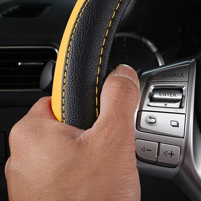Leather Car Steering Wheel Cover, Universal Fit for Most Cars, Black&Yellow | Microfiber Leather,Non-Slip Breathable Auto Steering Wheel Protector - Image 5