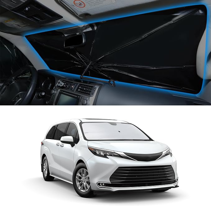 Windshield Sun Shade Umbrella for 2021-2026 Toyota Sienna | Full covered for windshield, Block UV Rays, Heat Reduction, Easy to install, Durable & Fold Up Small by YYCKE