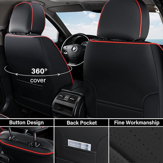 Coverado Front Seat Covers, Car Seat Covers Front Seats, Nappa Leather Seat Covers for Cars, Waterproof Seat Covers with Lumbar Support Universal Fit for Most Cars SUV Trucks (Front, Black-Red line) - Image 2