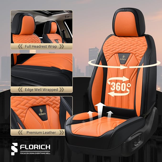 Leather Seat Covers, Car Seat Covers Full Set, Car Seat Protectors 5 Seats, Automotive Seat Covers Driver Seat Covers Fit for Most Cars Trucks SUV-Black&Orange - Image 5