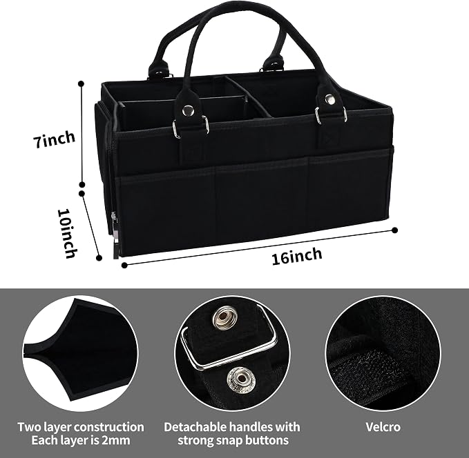 XUANGUO Large Baby Diaper Caddy Organizer, Felt Basket with Handles, Black | Nursery storage bin with dividers; portable tote bag for baby stuff, changing table or car, baby shower and registry gifts. - Image 4