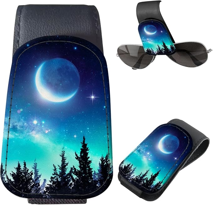 Sunglasses Holder for Car Visor, PU Leather Glasses Clip Organizer, Cute Magnetic Eyeglass Holder for Vehicle Sun Visor, Car Interior Accessory for Women & Men Starry Forest Night by Unknown