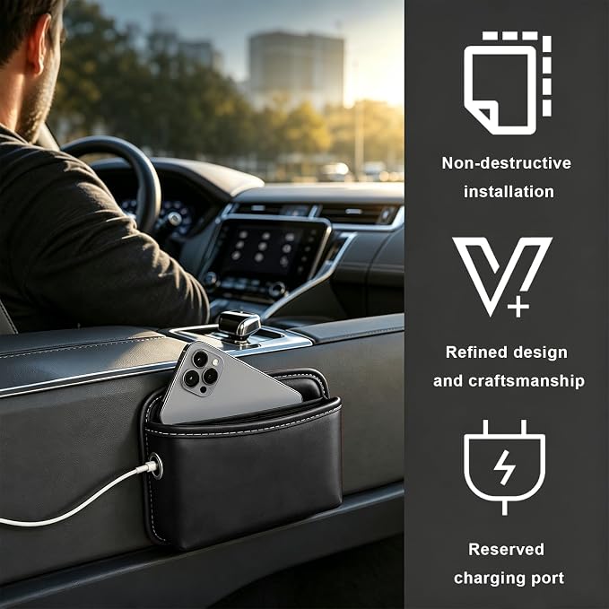 Car Seat Side Storage Pocket, Waterproof Leather Console Side Storage Bag with Card Holder, Multifunctional Phone & Sunglasses Pocket Bag for Car Door Seat Console (Black) - Image 5