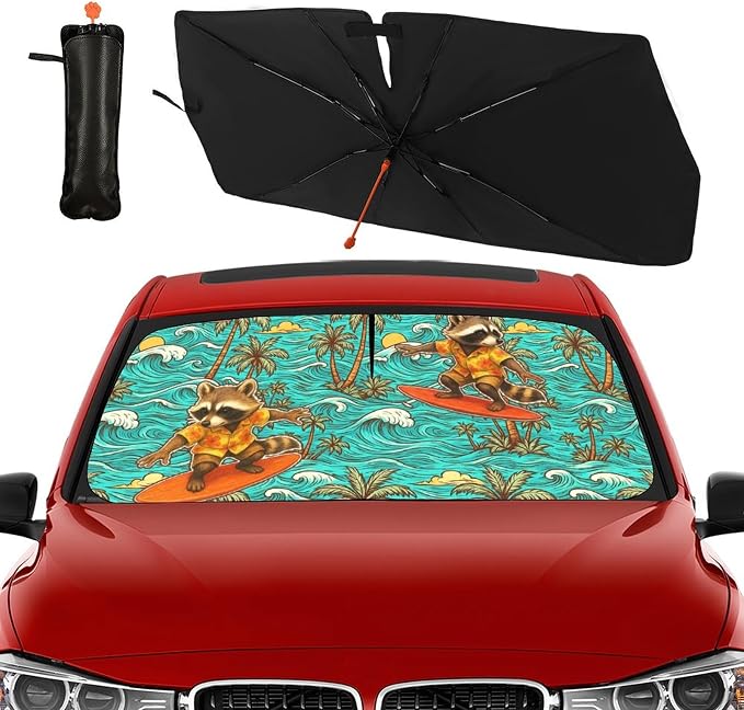 Hawaiian Raccoon Car Windshield Sun Shade Umbrella Bendable Handle Foldable Funny Sunshade for Car Windshield Block UV Rays Keep Vehicle Cool for Most Sedans SUV Trucks Cars 57"x30" by DOPINDU