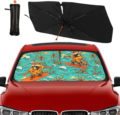 Hawaiian Raccoon Car Windshield Sun Shade Umbrella Bendable Handle Foldable Funny Sunshade for Car Windshield Block UV Rays Keep Vehicle Cool for Most Sedans SUV Trucks Cars 57"x30" by DOPINDU