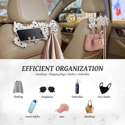 2 PCS Bow Pearl Car Seat Headrest Hook – Cute Purse Hook for Car, Girly Interior Decoration Accessories Hook Hanger, Seatback Holder for Purses & Bags, Elegant Car Organizer (White Polka Dot) - Image 4