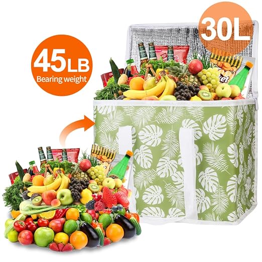Bodaon 1-Pack Insulated Reusable Grocery Shopping Bags, X-Large Picnic Cooler Bag with Top Cold, Green-Leaf - Image 4