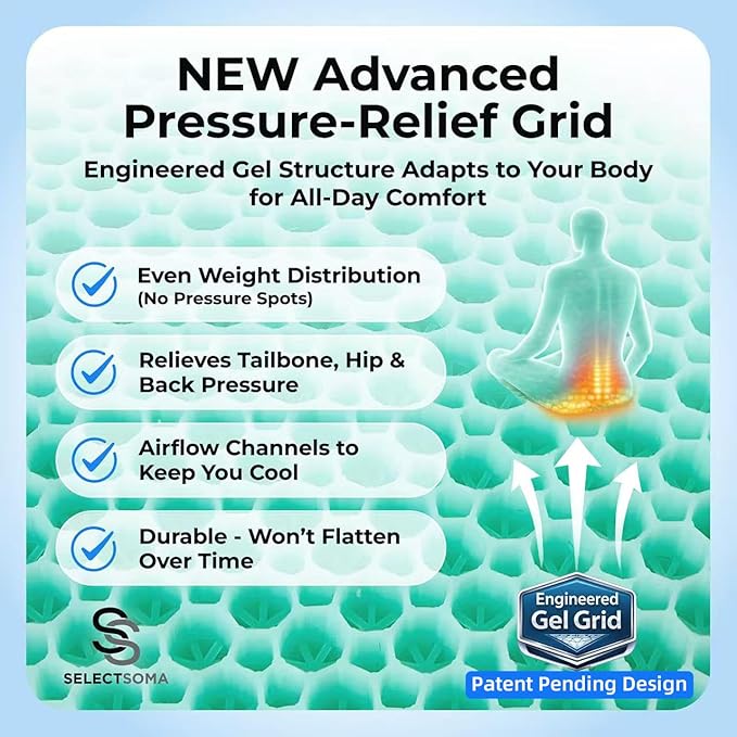 Gel Seat Cushion for Long Sitting, Pressure Relief for Sciatica, Tailbone, Coccyx & Back Pain, Office Chair, Wheelchair, Car & Truck – Standard Size Mint Green Gel - Image 2