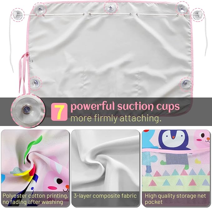 DIZA100 Car Sun Shade for Window Baby (2 Pack), Blackout Window Shades with Storage Net Pocket, 7 Suction Cups, Cute Patterns for Sun/Heat/UV Rays Block - Image 4