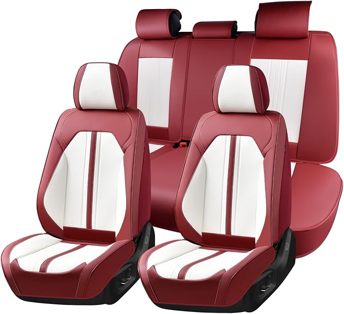 Huidasource Car Seat Cover, Luxury Faux Leather Seat Covers for Cars, Velcro Adjustable, with Airbags, Child Seat, Perforation Cooling＆Heating, Universal Fit for Most Cars Vans Trucks SUVs, Red＆White by Huidasource