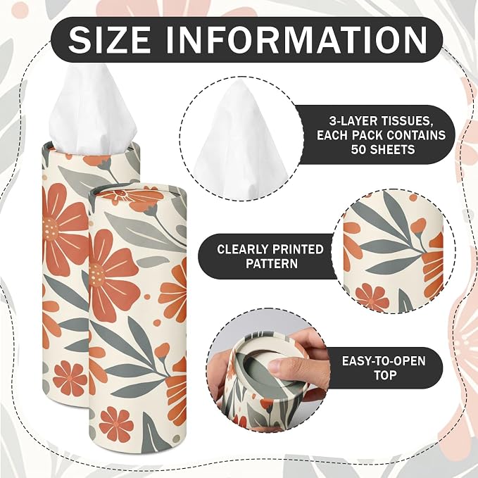 Arttown Car Tissue Holder for Cup Holder Facial Tissues 12 Pack Boho Floral | Bulk 3-Ply,Refillable Marble Print Cylinder Tissue Boxes,Fit Car Home Office School (600 Sheets Total,50 Sheets Each) - Image 3