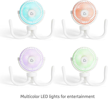 Munchkin Stroller Fan - Portable Fan for Travel, Baby Gear Accessory with 4 Speeds, Flexible Clip-on Leg Attachment, Rechargeable Battery, White with Multicolored LED Lights - Image 4