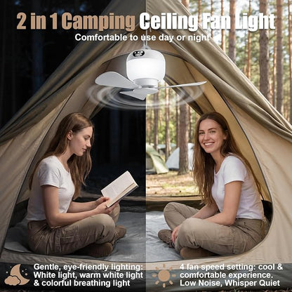 Camping Fan with Light & Remote, Portable Ceiling Fan Wireless Rechargeable Tent Fan with 4 Speeds,3 Light Modes,Timer, Battery Powered Fan for Tents, Canopy, Beach, RV, Car, Camper & Outdoor - Image 3