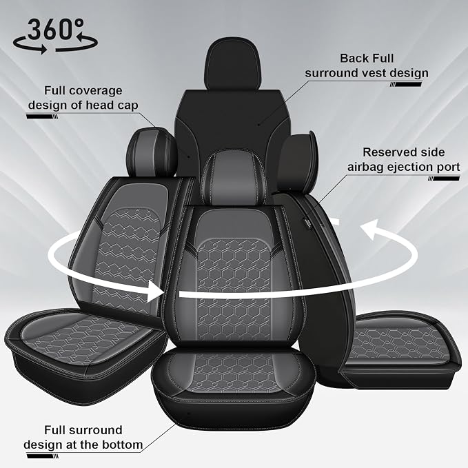 Car Seat Covers for Nissan Maxima 2007-2023 Full Set Faux Leather | Waterproof Breathable Scratch Resistant 360° Wrap Airbag Compatible Easy Clean (5 Seats,Black & Grey) - Image 7
