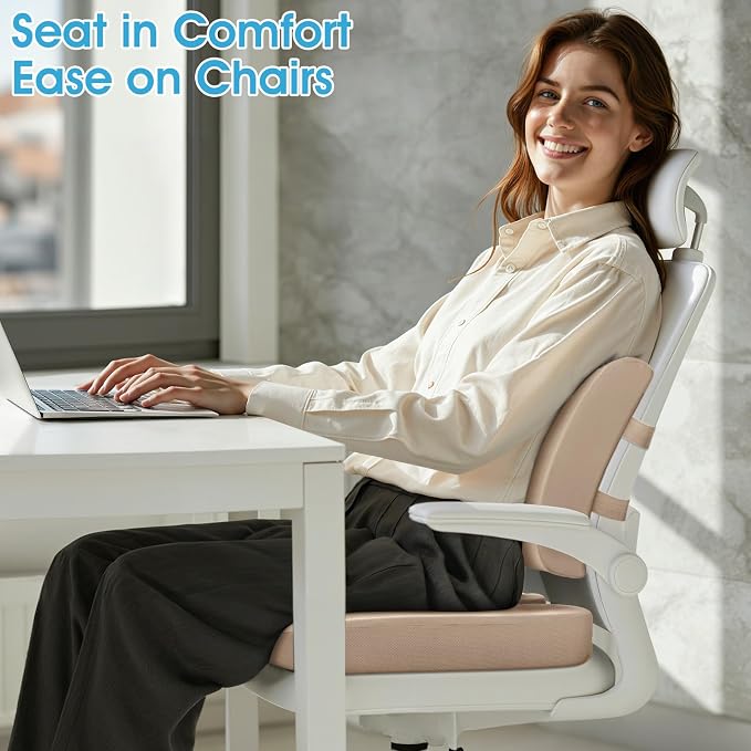 CushZone X-Large Seat Cushion and Lumbar Support Pillow for Office, Khaki | Thick Memory Foam for Sciatica Pain Relief & Posture Correction, Non-Slip Chair Cushions for Car, Wheelchair and Travel - Image 2