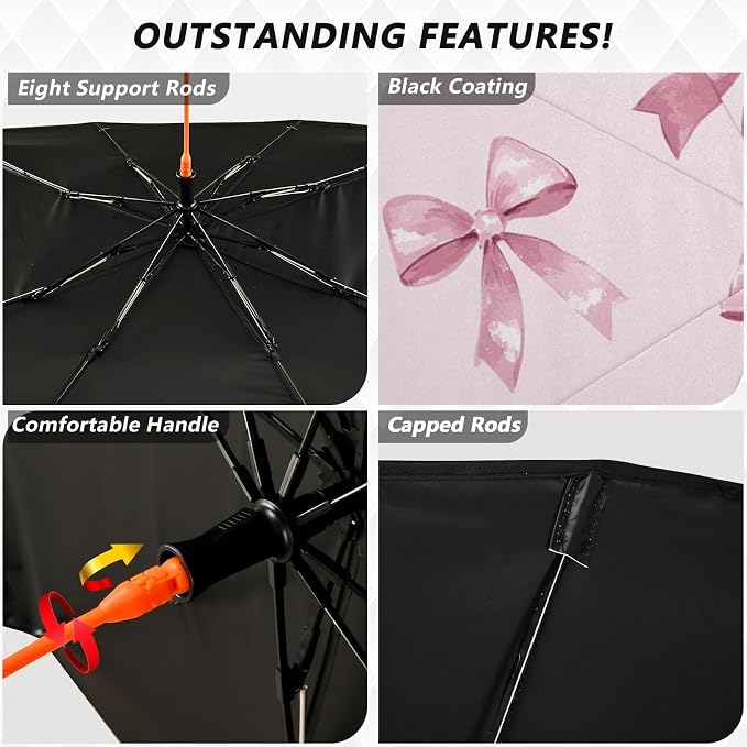 Windshield Sun Shade Umbrella Pink Bows Printed Foldable Car Front Window Sunshade Blocks UV Rays Heat Keep Vehicle Cool 55"x27.5" - Image 3