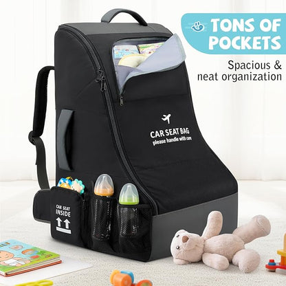 RAINSMORE Padded Car Seat Travel Bag for Airplane Car Seat Backpack, Black | Fits Infant Carrier & Boosters, Heavy-Duty Car Seat Cover for Air Travel Gate Check Carrier Bags for Airport with Side Pocket - Image 7